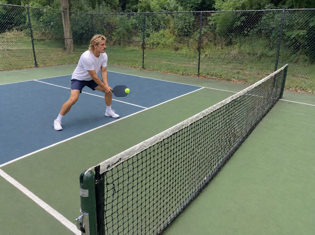 Illustrated backhand demonstration featuring Jake on the court; AI-generated demonstration image