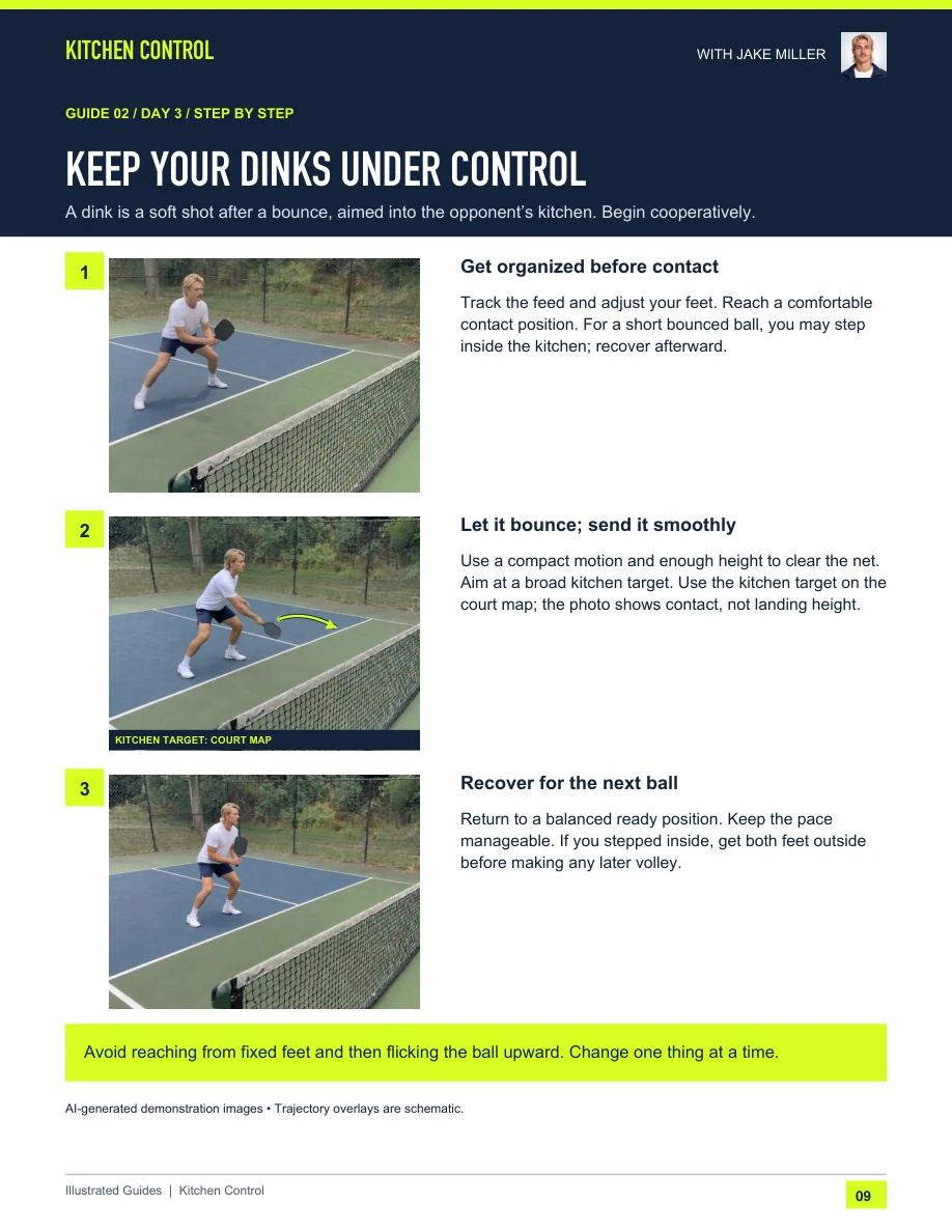 Actual PDF page 9: three illustrated steps for controlled dinks